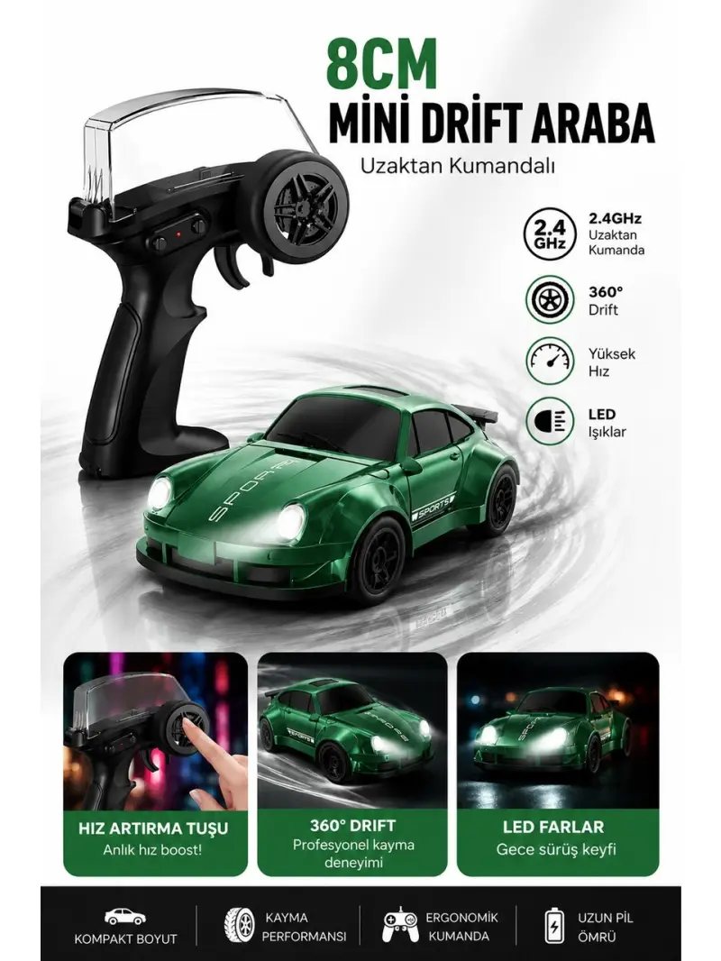 Uzaktan Kumandalı Drift Araba 8 cm  1:64 Ölçek LED Işıklı Yüksek Performanslı 6+ Yaş