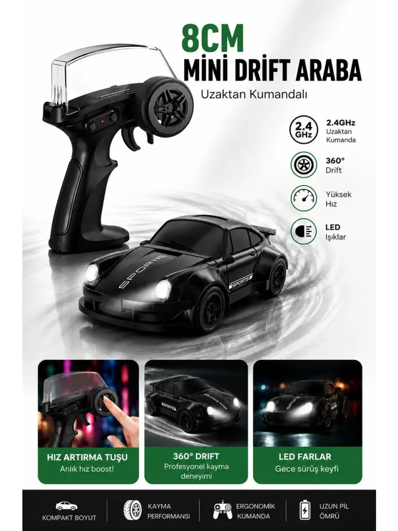 Uzaktan Kumandalı 8 cm Drift Araba 1:64 Ölçek LED Işıklı Yüksek Performanslı 6+ Yaş